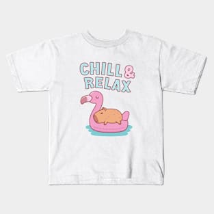 Chill & Relax Cute Capybara On Flamingo Pool Float Kids T-Shirt